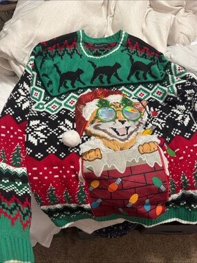 Men's Green & Red Holiday Cat Chimney Crewneck Sweater
